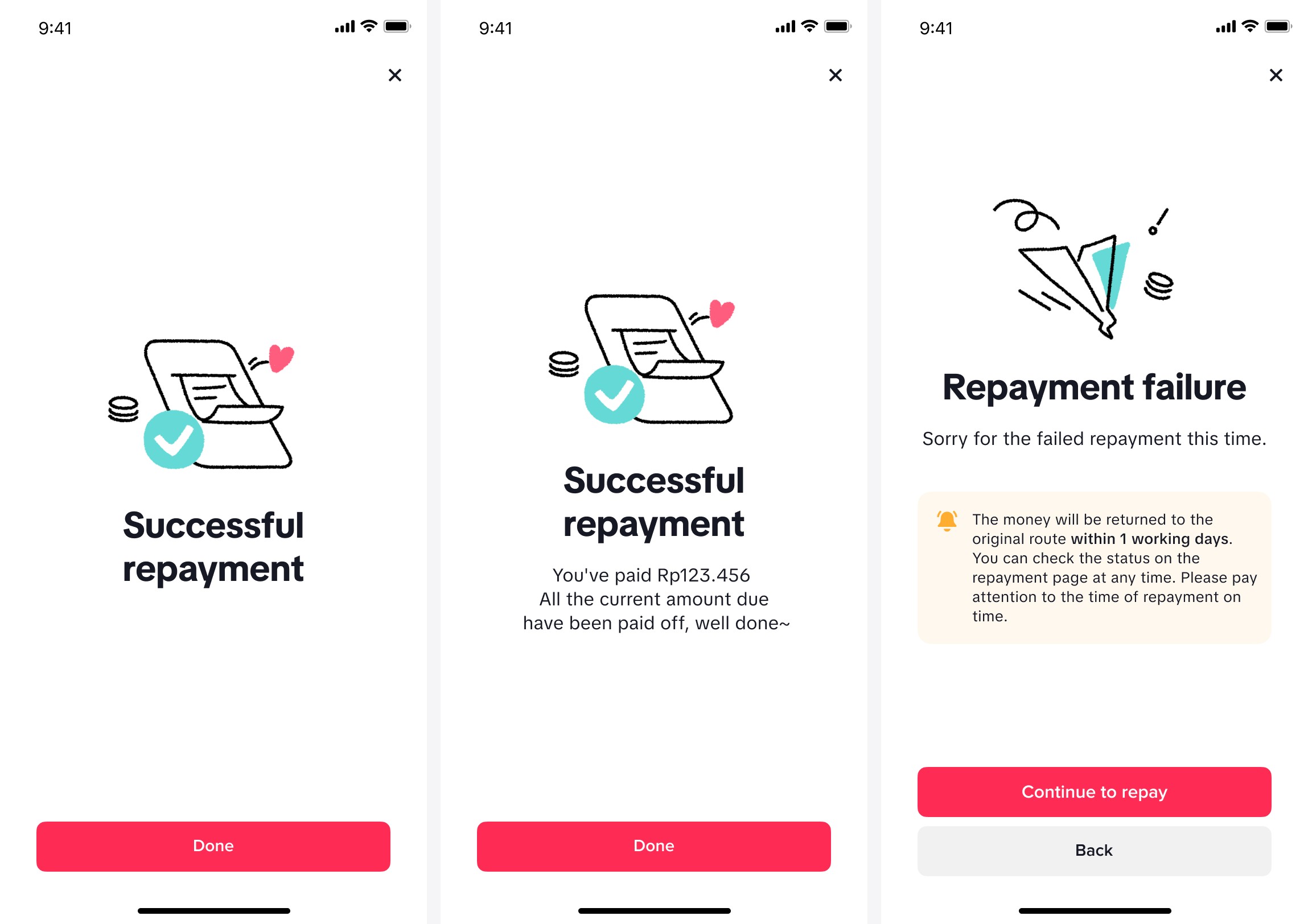 Repayment result screens