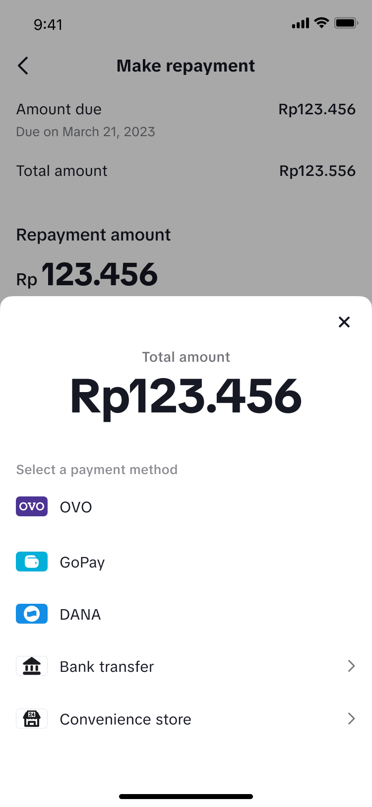 TikTok repayment amount and payment method list with OVO available