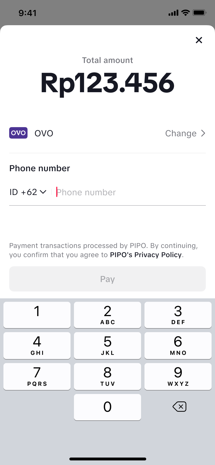 OVO payment method selected with phone number input field