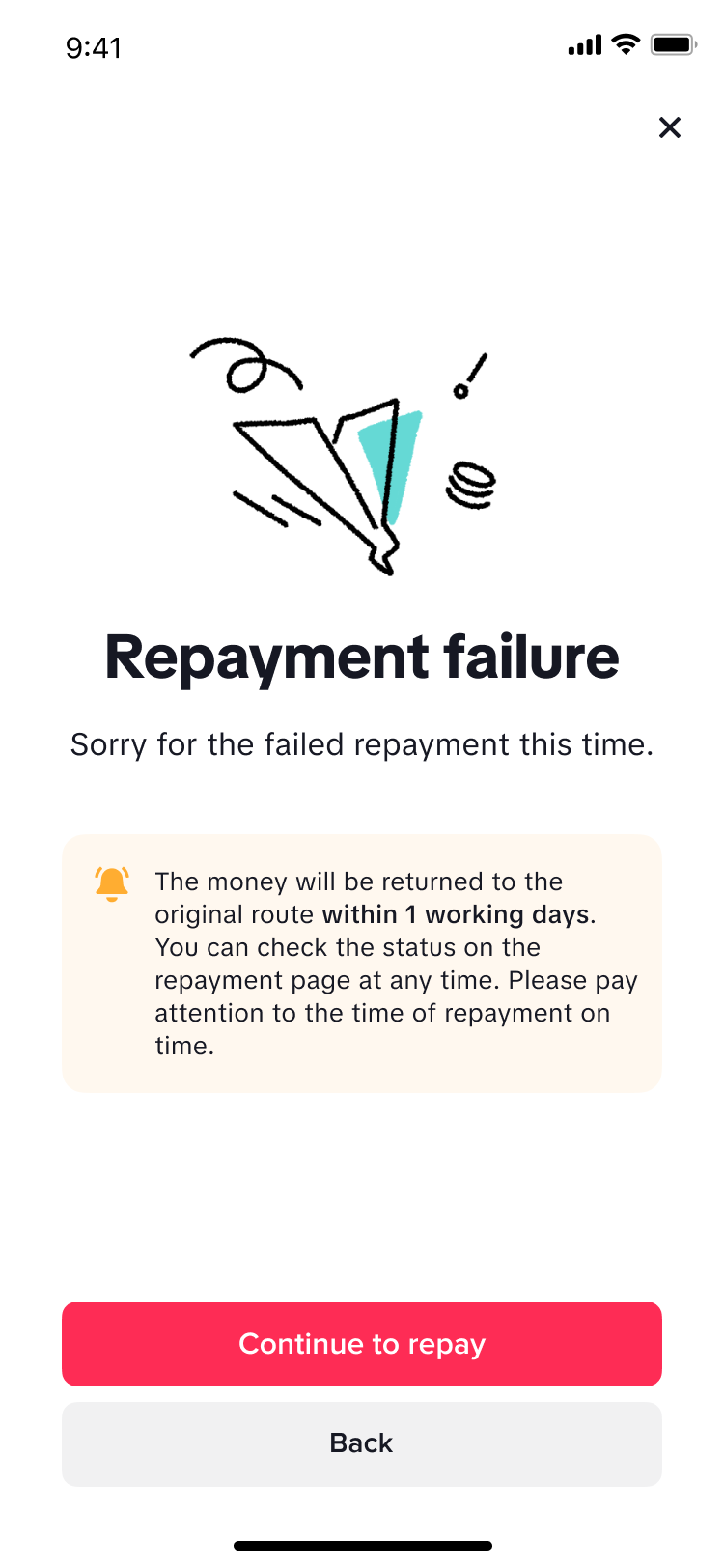 TikTok repayment failure screen after ledger clearing fails