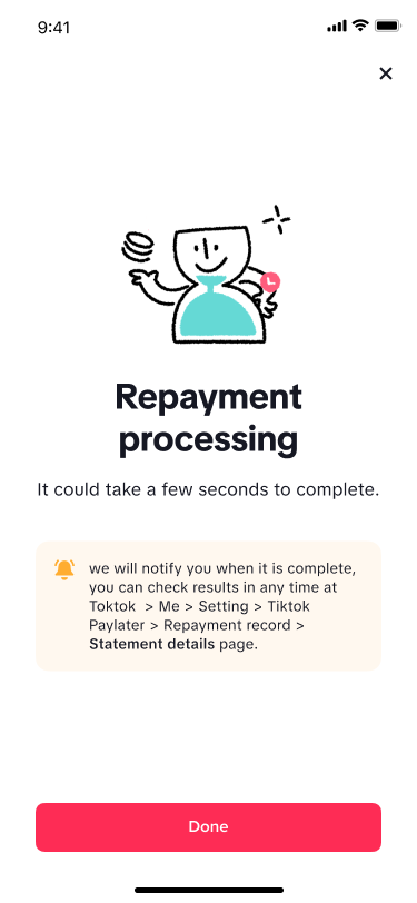 TikTok repayment processing screen while ledger result is still pending